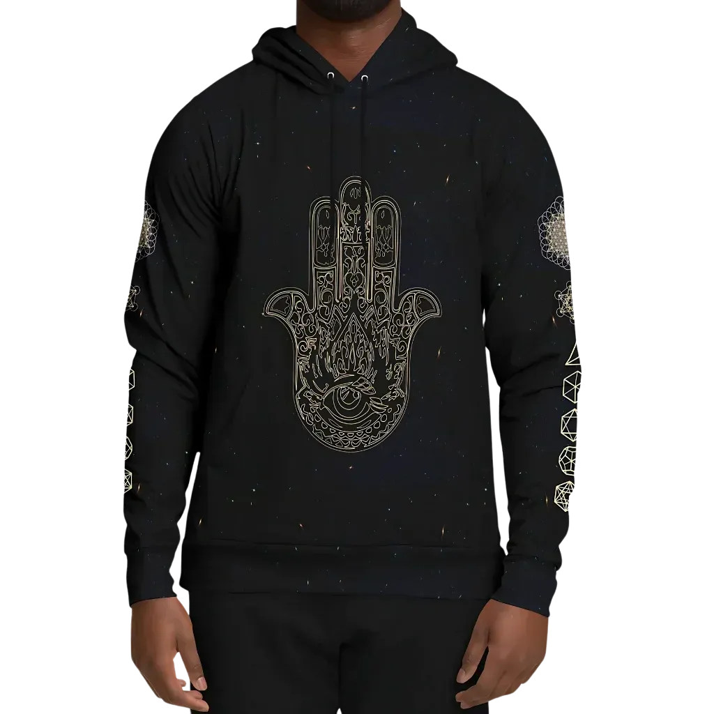 Black Unisex Hoodie With Hamsa And Sacred Geometry