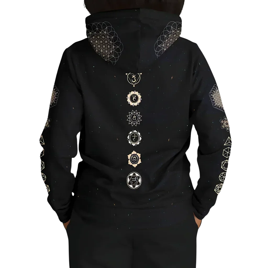 Black Unisex Hoodie With Hamsa And Sacred Geometry