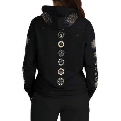 Black Unisex Hoodie With Hamsa And Sacred Geometry