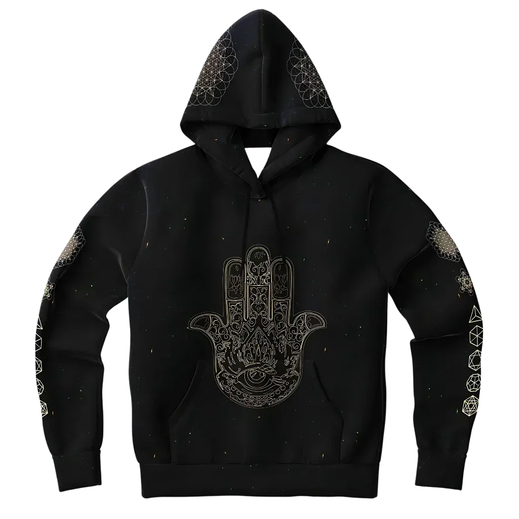 Black Unisex Hoodie With Hamsa And Sacred Geometry