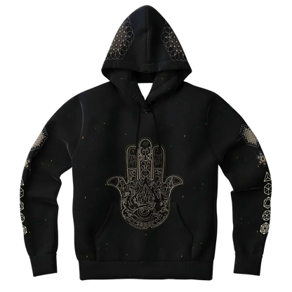 Black Unisex Hoodie With Hamsa And Sacred Geometry