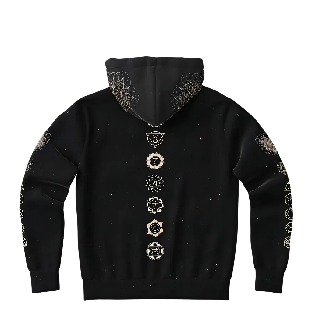 Black Unisex Hoodie With Hamsa And Sacred Geometry