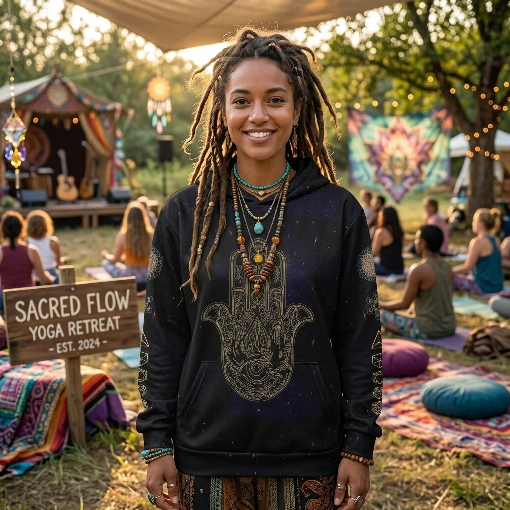 Black Unisex Hoodie With Hamsa And Sacred Geometry