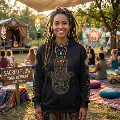 Black Unisex Hoodie With Hamsa And Sacred Geometry