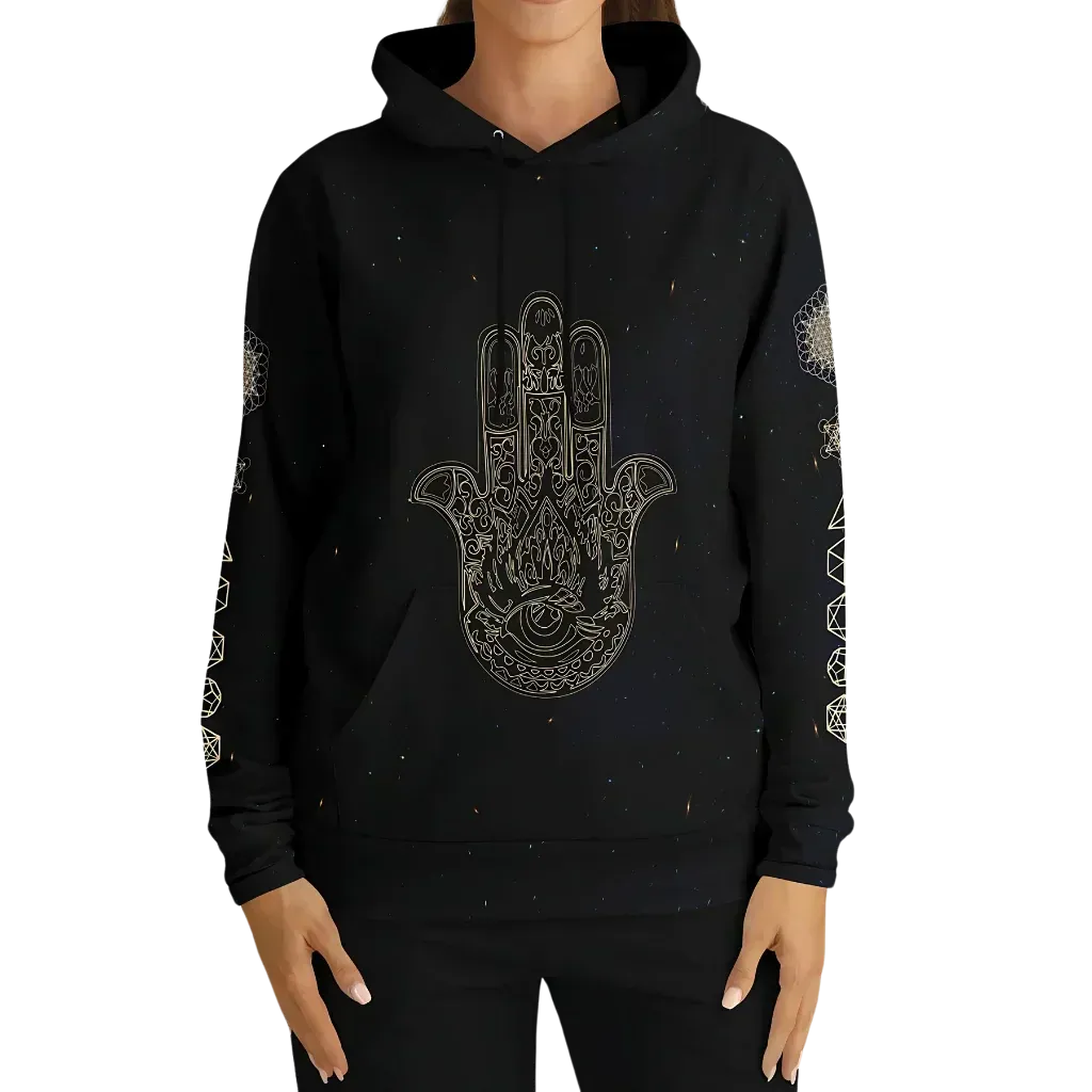 Black Unisex Hoodie With Hamsa And Sacred Geometry