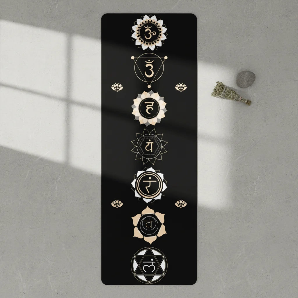 Black Yoga Mat With Golden Chakra Energy Symbols - 24x68