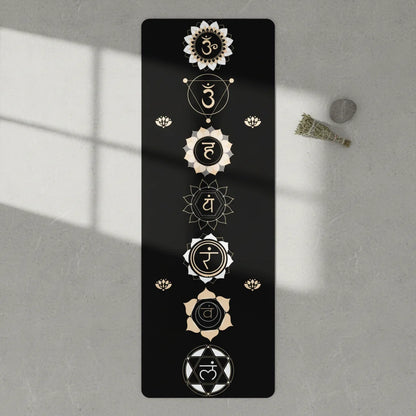 Black Yoga Mat With Golden Chakra Energy Symbols - 24x68
