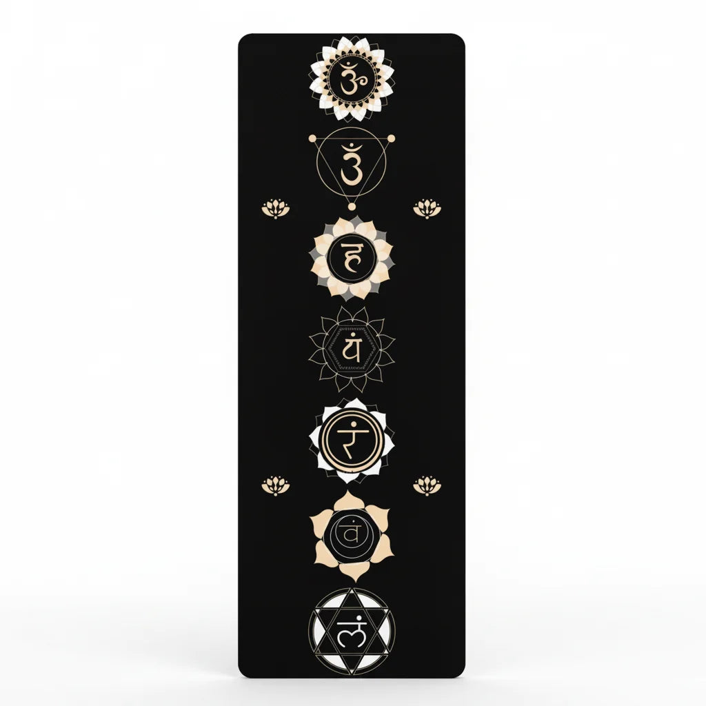 Black Yoga Mat With Golden Chakra Energy Symbols - 24x68