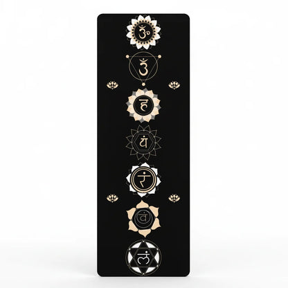 Black Yoga Mat With Golden Chakra Energy Symbols - 24x68