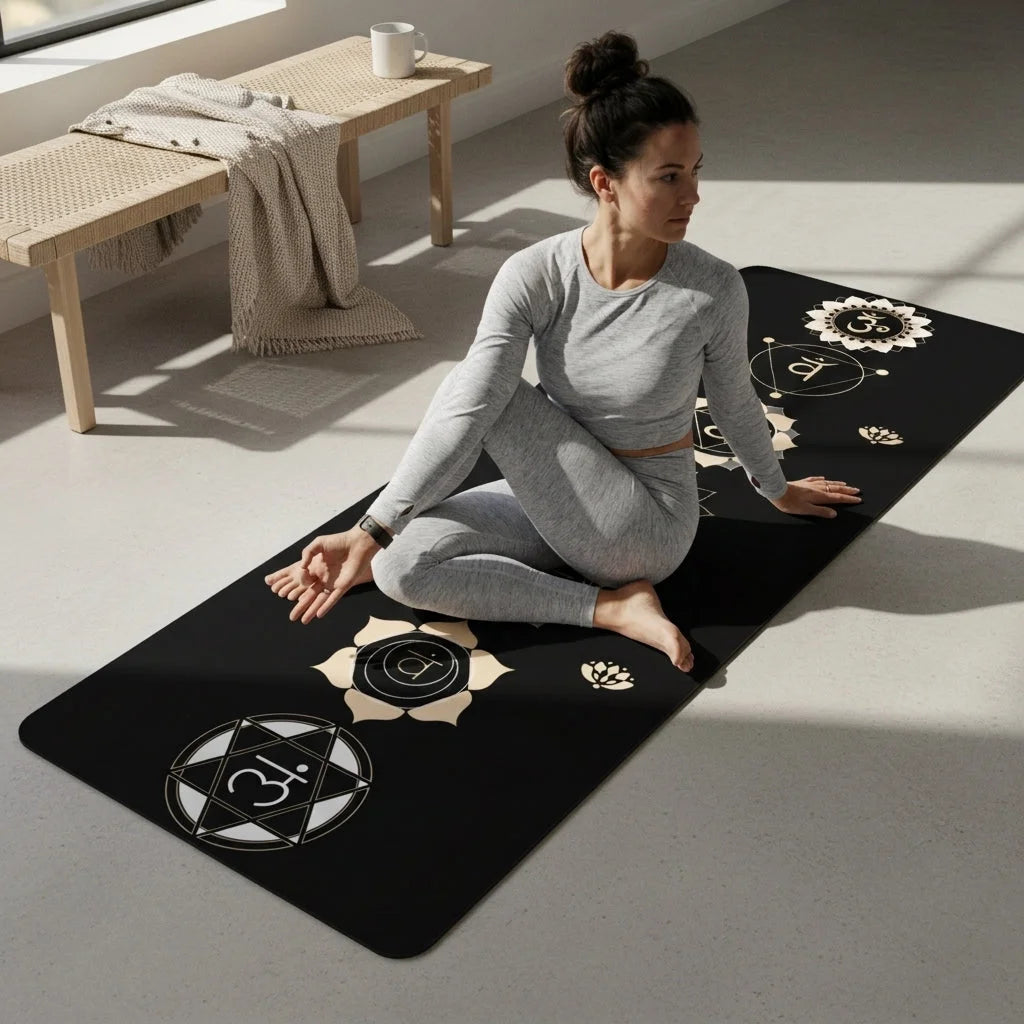 Black Yoga Mat With Golden Chakra Energy Symbols - 24x68