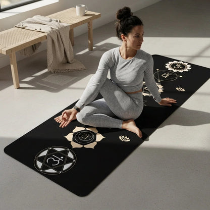 Black Yoga Mat With Golden Chakra Energy Symbols - 24x68