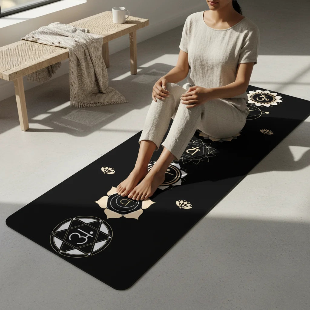 Black Yoga Mat With Golden Chakra Energy Symbols - 24x68