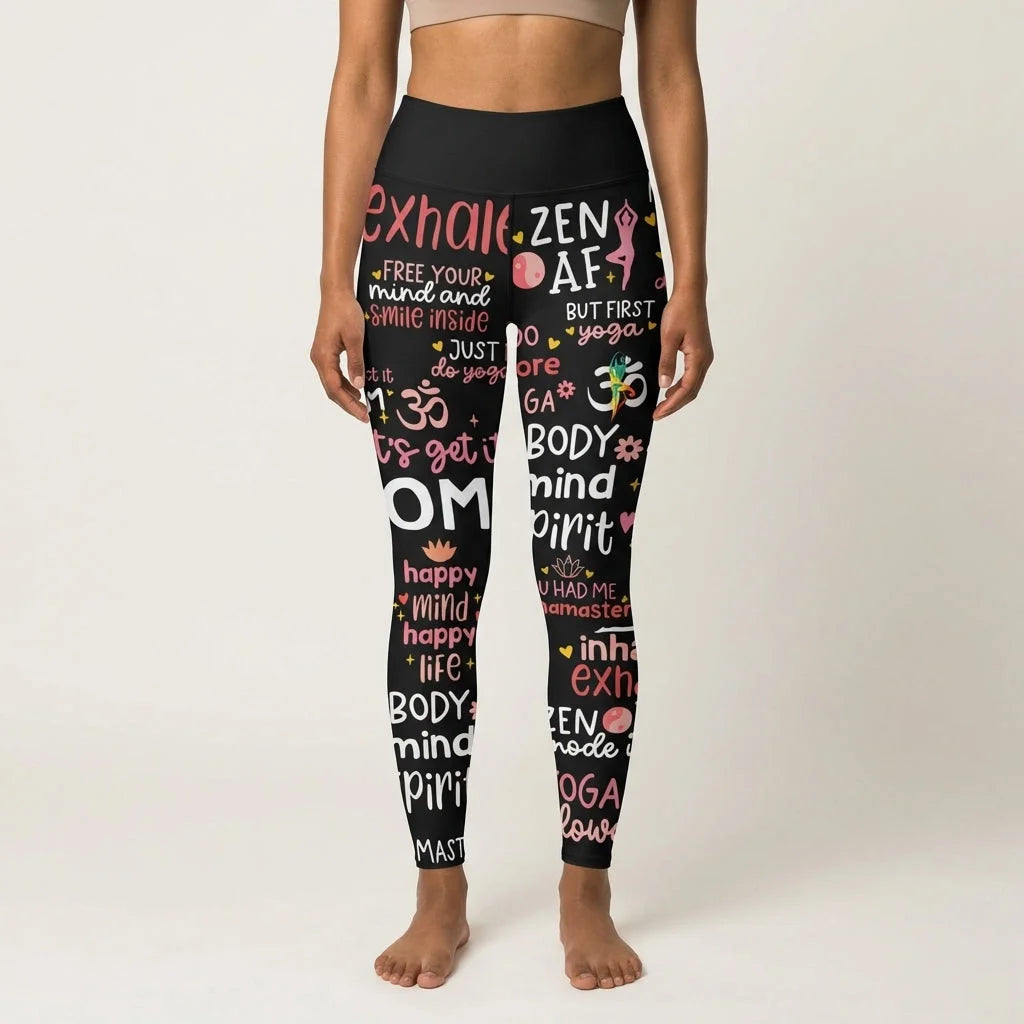 Black Yoga Pants With Inspirational Quote Print