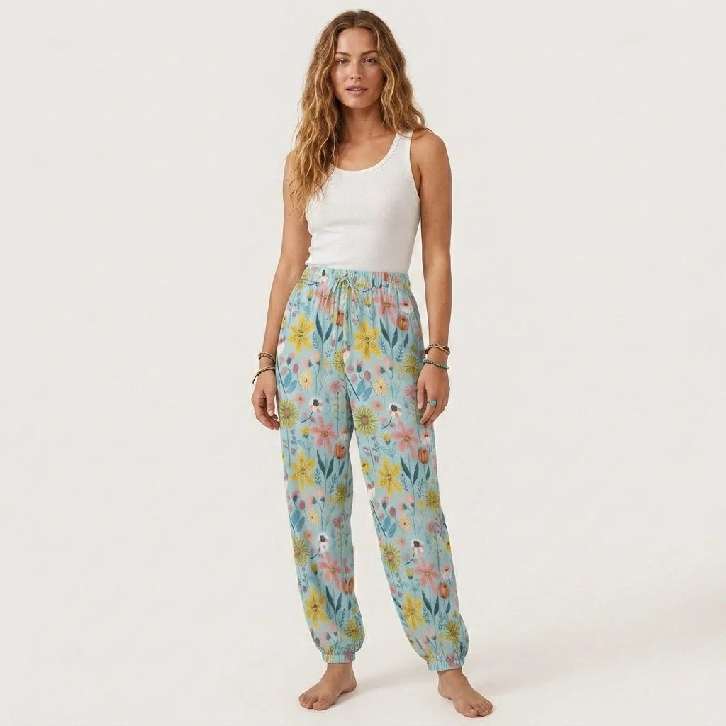Bohemian Harem Pants In Soft Blue Floral Doodle