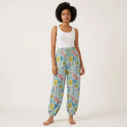 Bohemian Harem Pants In Soft Blue Floral Doodle