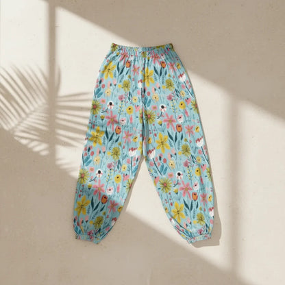 Bohemian Harem Pants In Soft Blue Floral Doodle