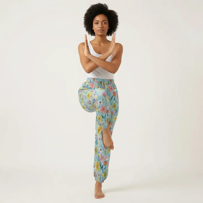 Bohemian Harem Pants In Soft Blue Floral Doodle