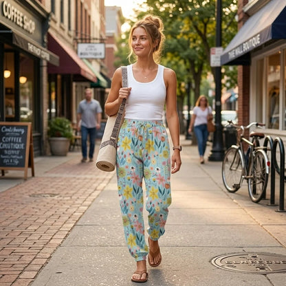 Bohemian Harem Pants In Soft Blue Floral Doodle