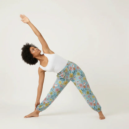 Bohemian Harem Pants In Soft Blue Floral Doodle