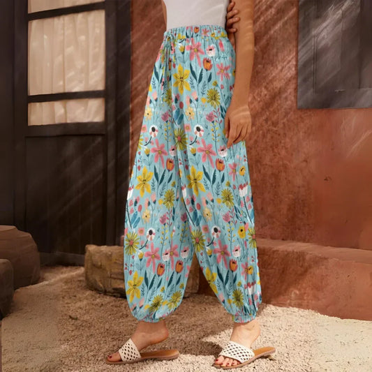 Bohemian Harem Pants In Soft Blue Floral Doodle - XS