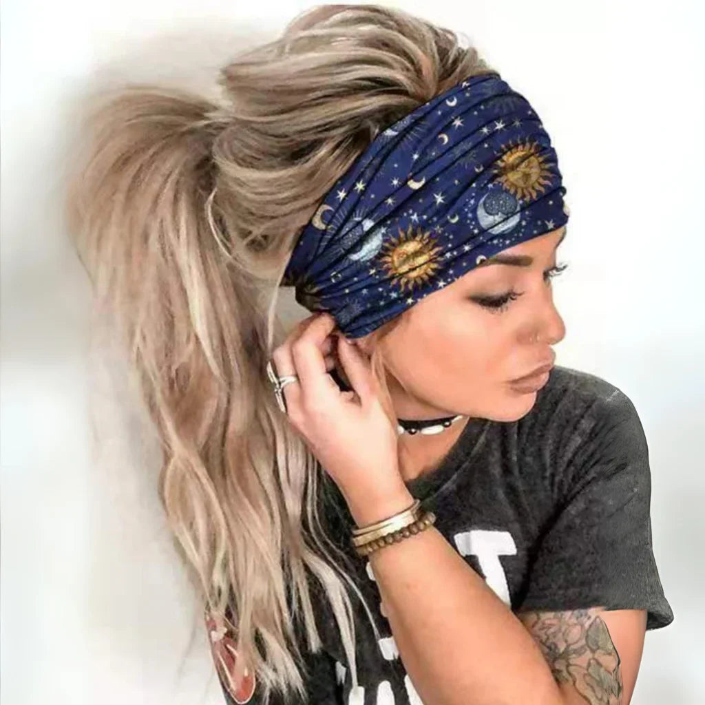 Boho Bandeau Headbands With Floral Summer Design - Dark Blue / one size