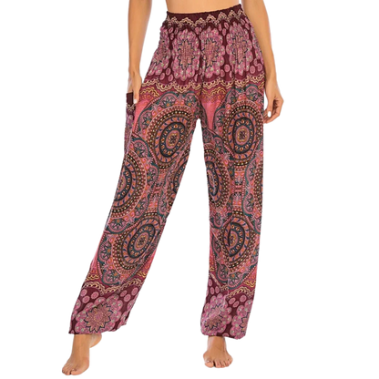Boho Boho Pants In Vibrant Minimalist Prints - Wine Red / one size