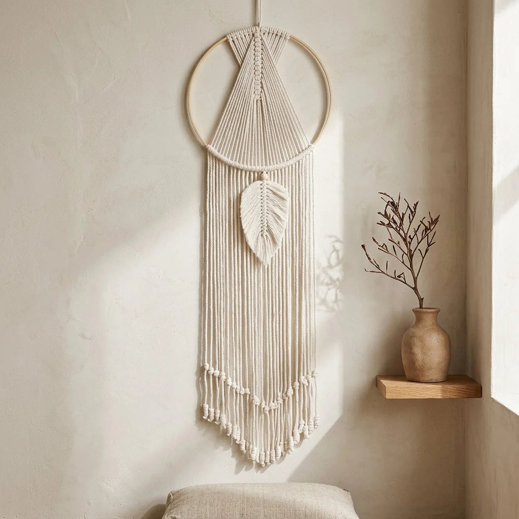 Boho Cotton Hanging Wall Hangings With Leaf Design