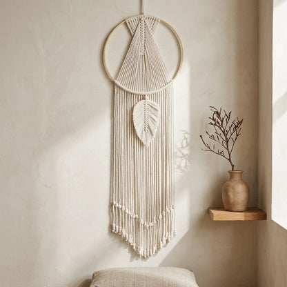 Boho Cotton Hanging Wall Hangings With Leaf Design