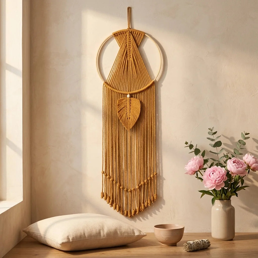 Boho Cotton Hanging Wall Hangings With Leaf Design