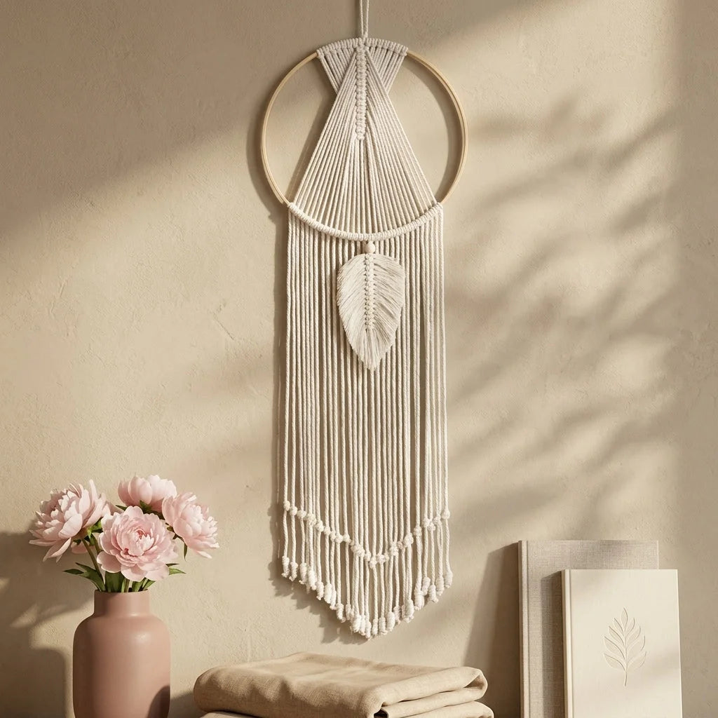 Boho Cotton Hanging Wall Hangings With Leaf Design