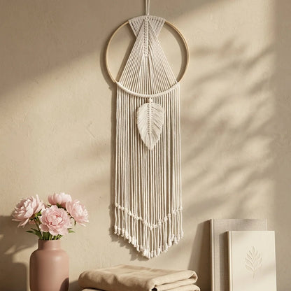 Boho Cotton Hanging Wall Hangings With Leaf Design
