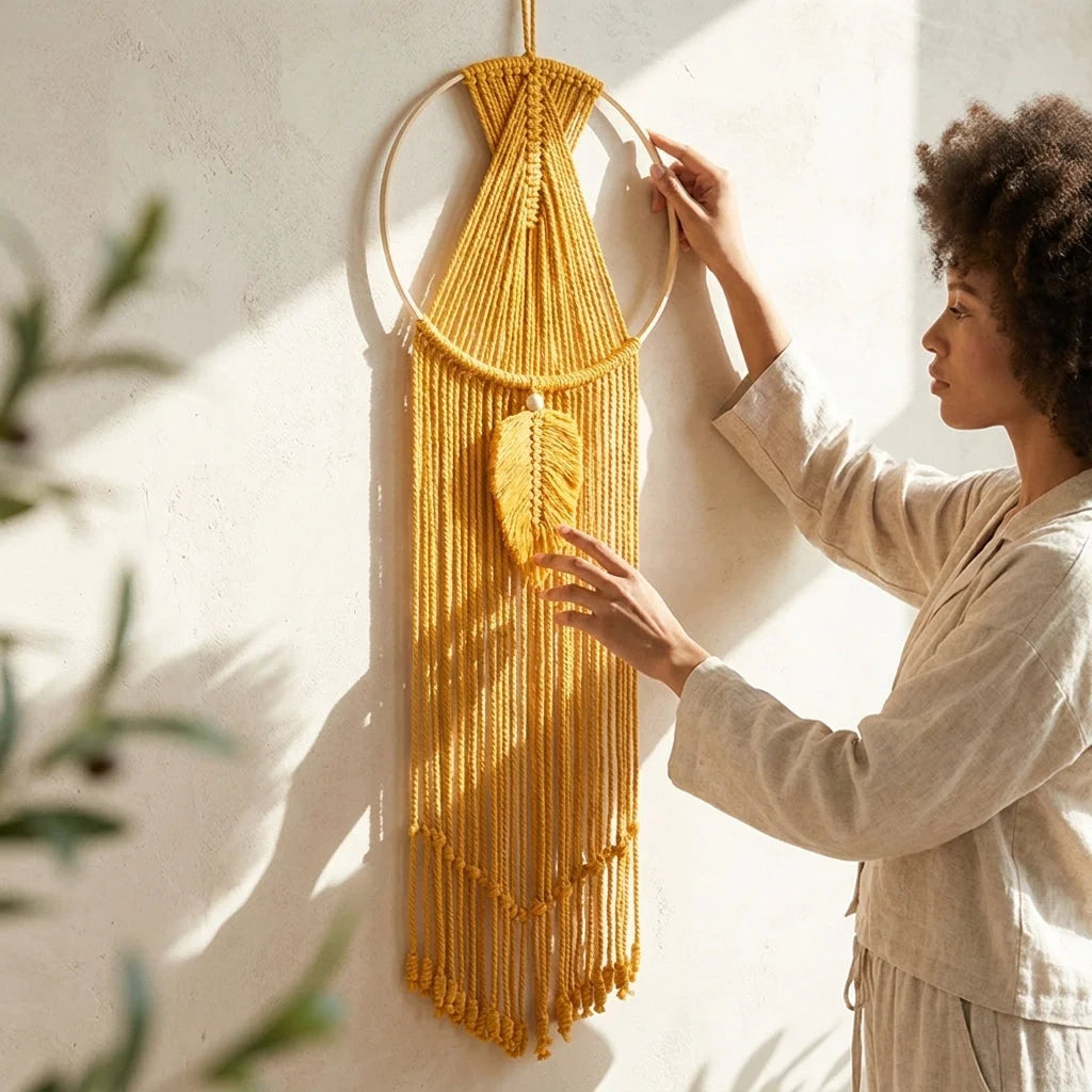 Boho Cotton Hanging Wall Hangings With Leaf Design