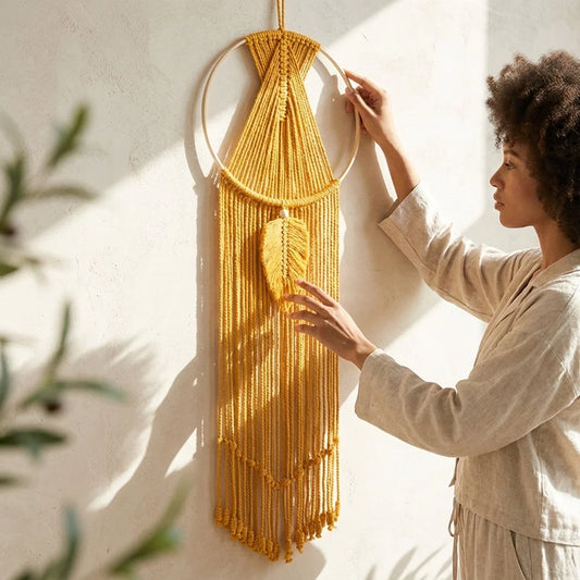 Boho Cotton Hanging Wall Hangings With Leaf Design