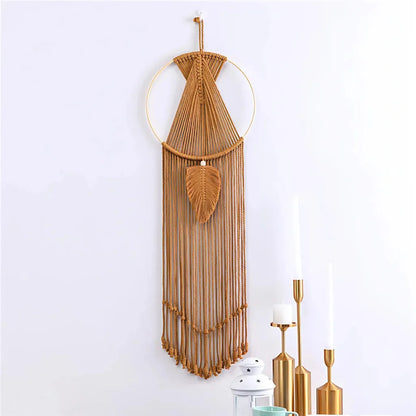 Boho Cotton Hanging Wall Hangings With Leaf Design - Brown