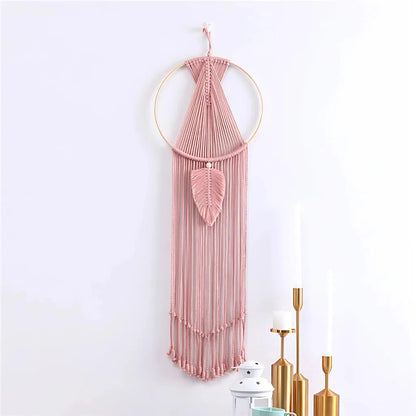 Boho Cotton Hanging Wall Hangings With Leaf Design - Pink