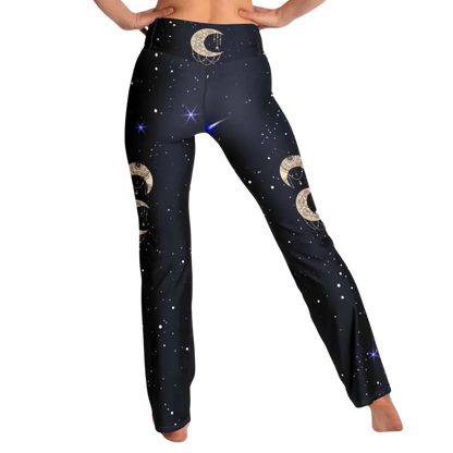 Boho Moon Black Pants With Flare And Night Sky Design