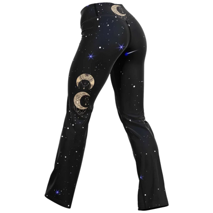 Boho Moon Black Pants With Flare And Night Sky Design