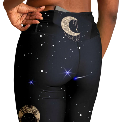 Boho Moon Black Pants With Flare And Night Sky Design