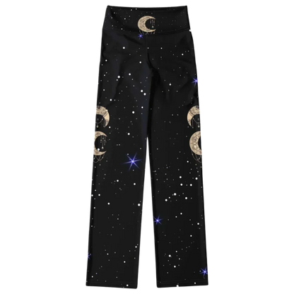 Boho Moon Black Pants With Flare And Night Sky Design
