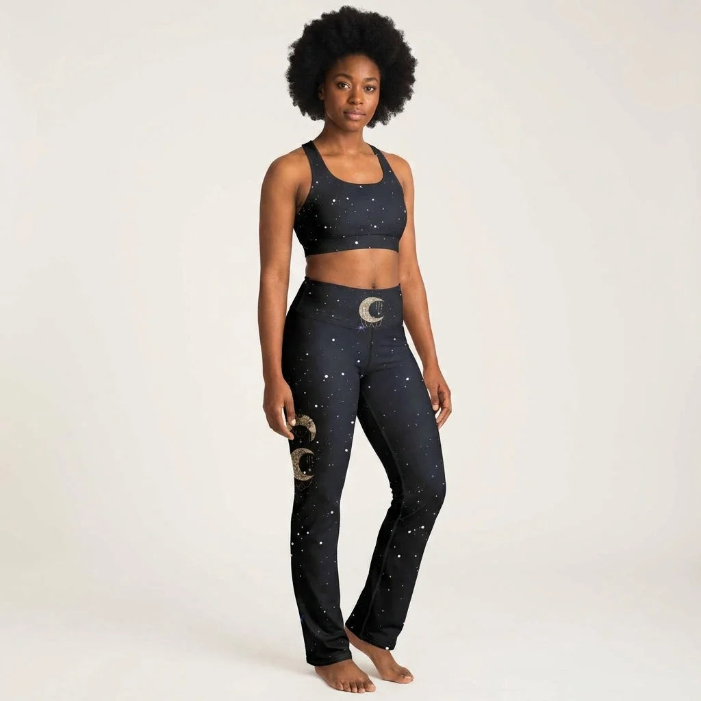 Boho Moon Black Pants With Flare And Night Sky Design