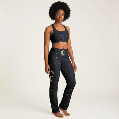 Boho Moon Black Pants With Flare And Night Sky Design
