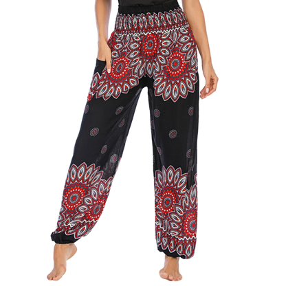 Boho Pants For Woman With Elastic Waist Comfort - Black Lantern / one size