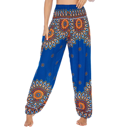 Boho Pants For Woman With Elastic Waist Comfort - Dark Blue Lantern / one size