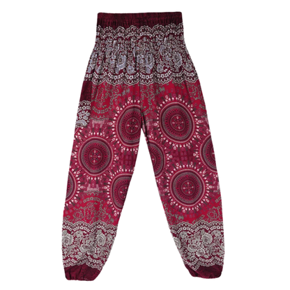 Boho Pants Womens High Waist Cotton Trousers - Wine Red / one size
