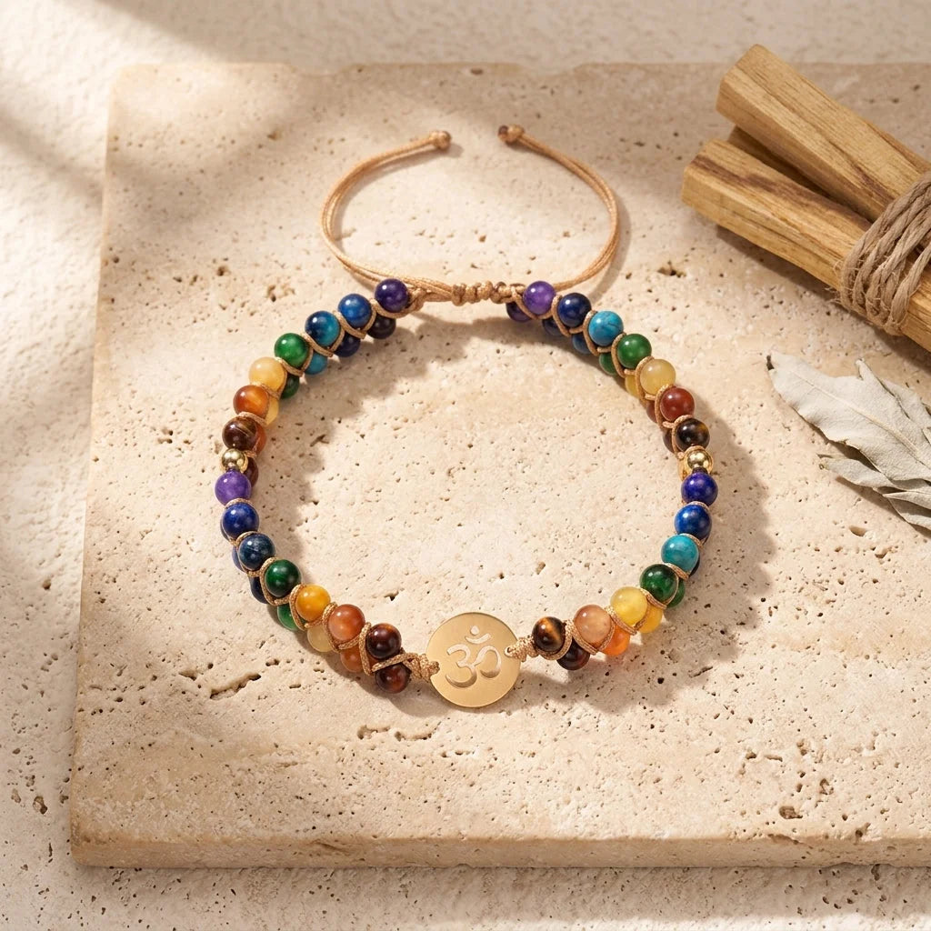 Bracelet Chakra Agate Stone With Handwoven Detail - Gold