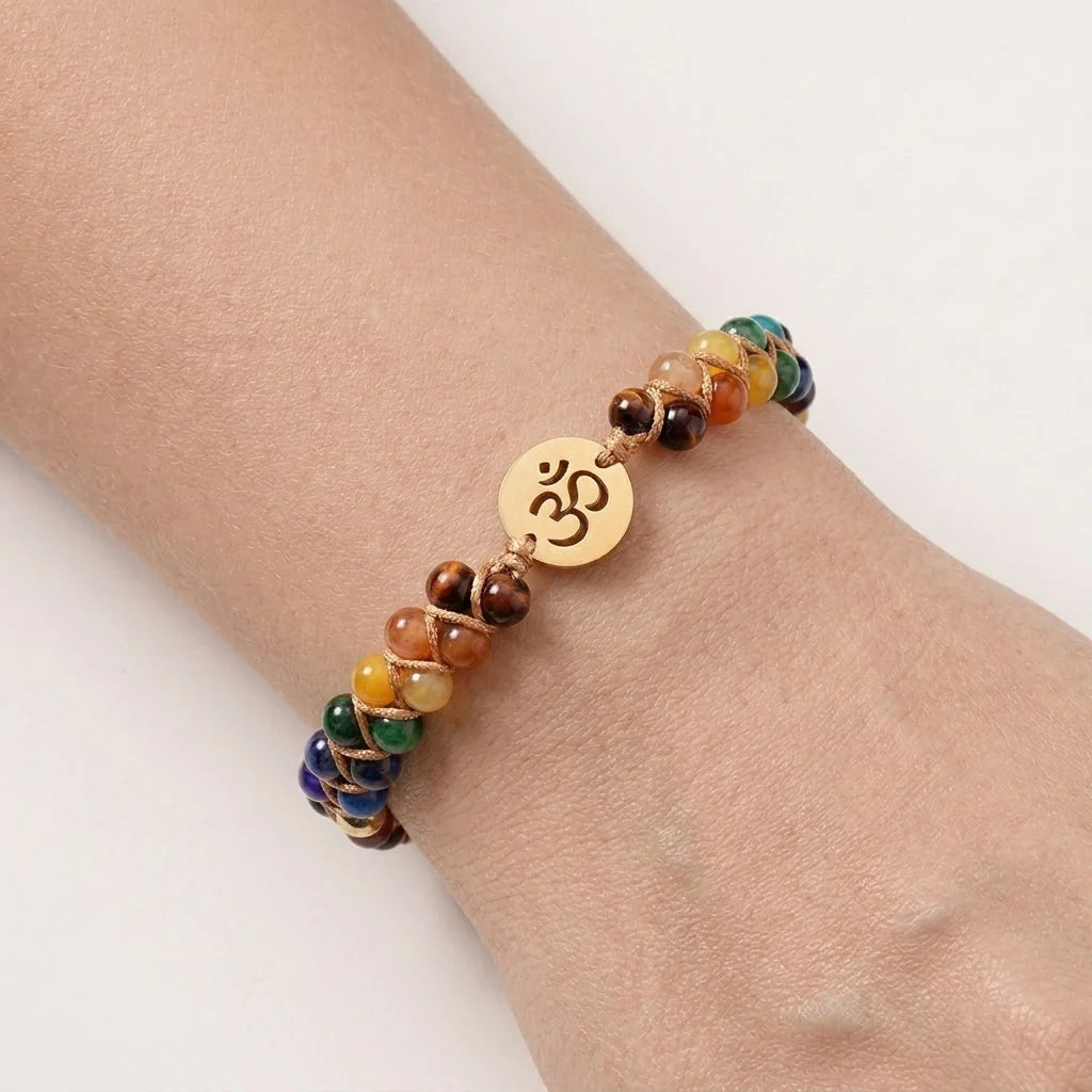 Bracelet Chakra Agate Stone With Handwoven Detail - Gold