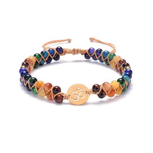 Bracelet Chakra Agate Stone With Handwoven Detail - Gold