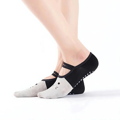 Cartoon Pattern Pilates Socks Grip For Yoga & Dance - Light grey black / one size