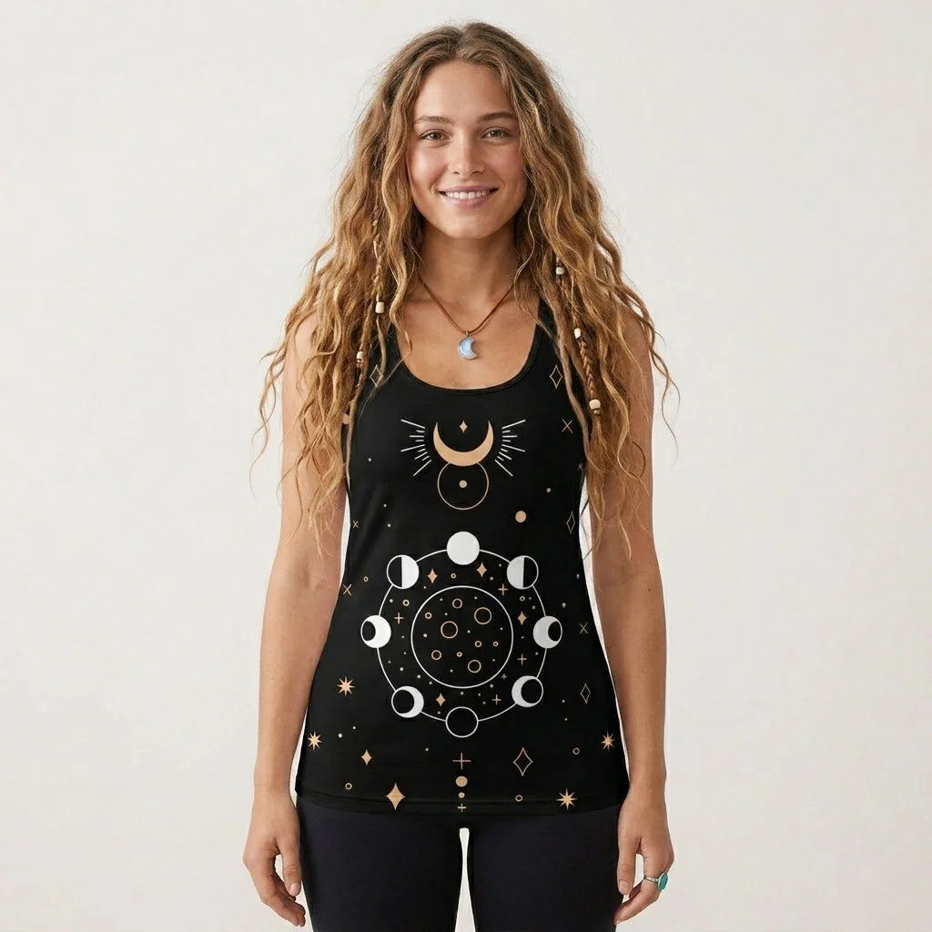 Celestial Moon Phases Racer Top In Night Sky Black