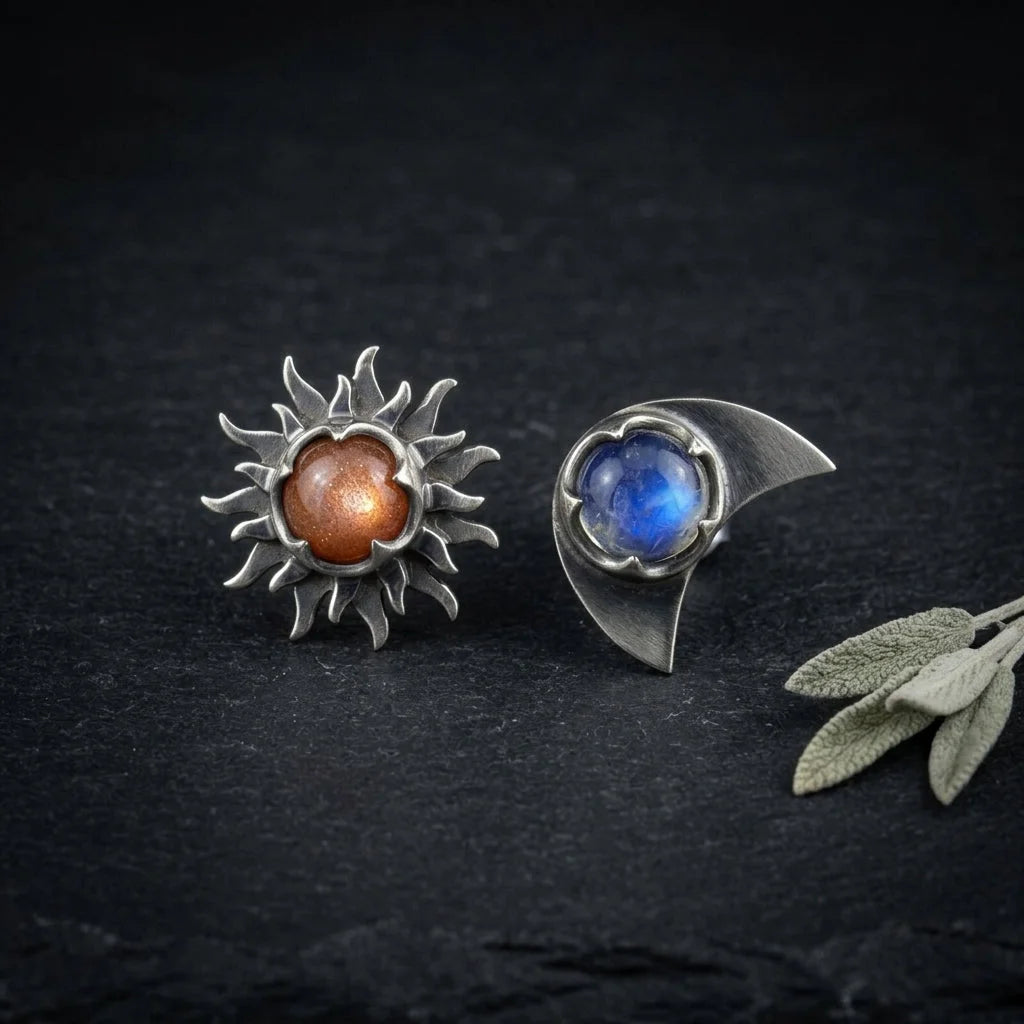 Celestial Moon Star Stone Silver Earrings - Silver
